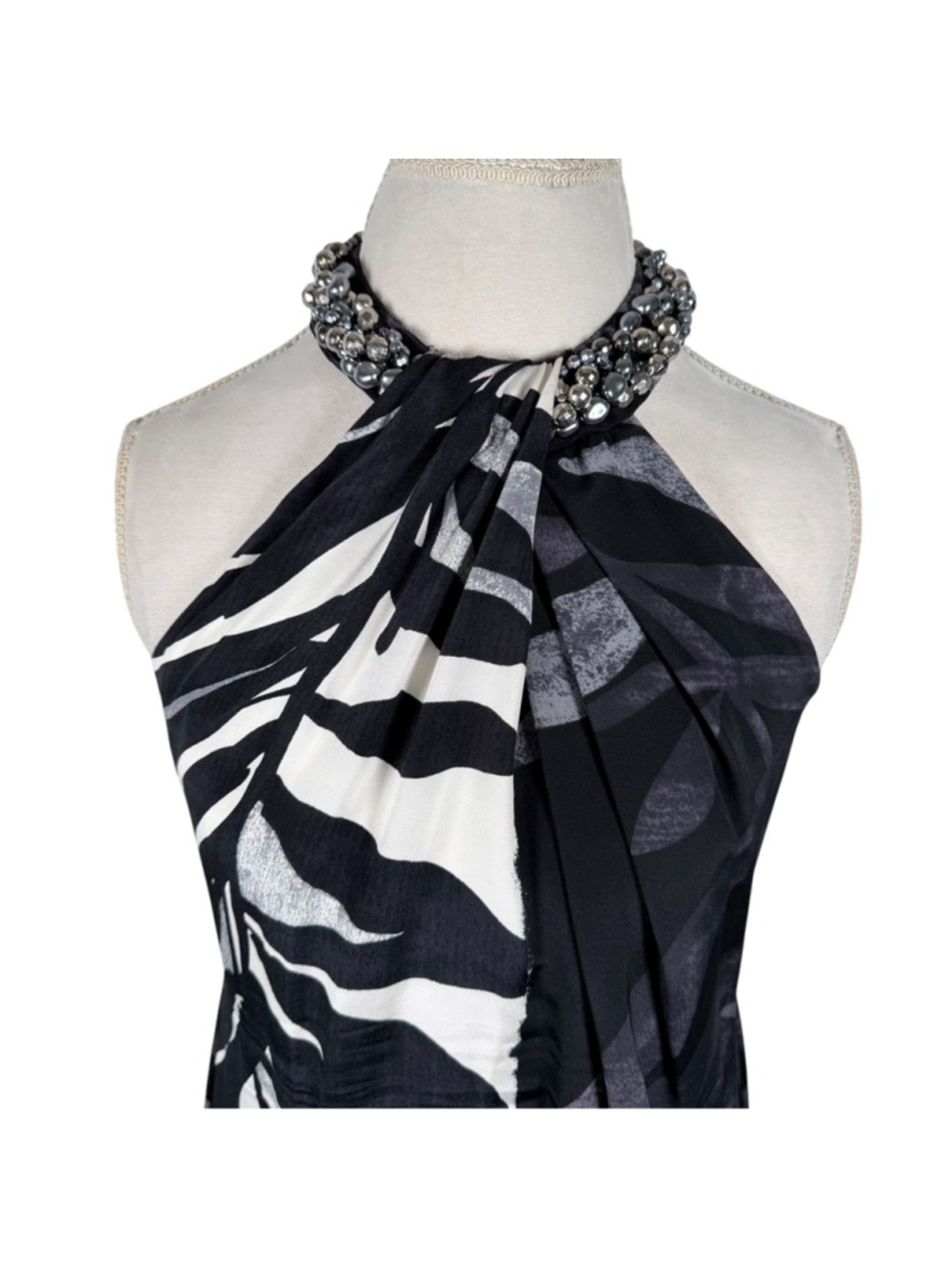 Carmen Marc Valvo Bead Halter Silk Dress Tropical Print Evening Cocktail Size 10 - Picture 3 of 12